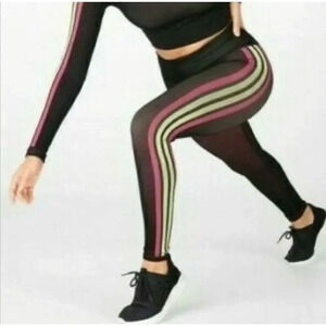 FABLETICS Black High Waisted Seamless Stripe Athletic Leggings Pink Stripe XL